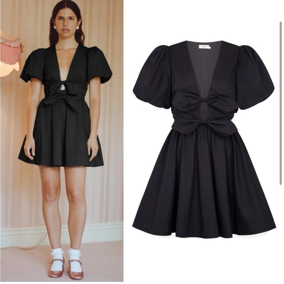 NEW! Lovaan- Devon Deep V Bow Puff Sleeve Black Poplin Mini Dress Size AU 8 US 4 - Picture 3 of 3